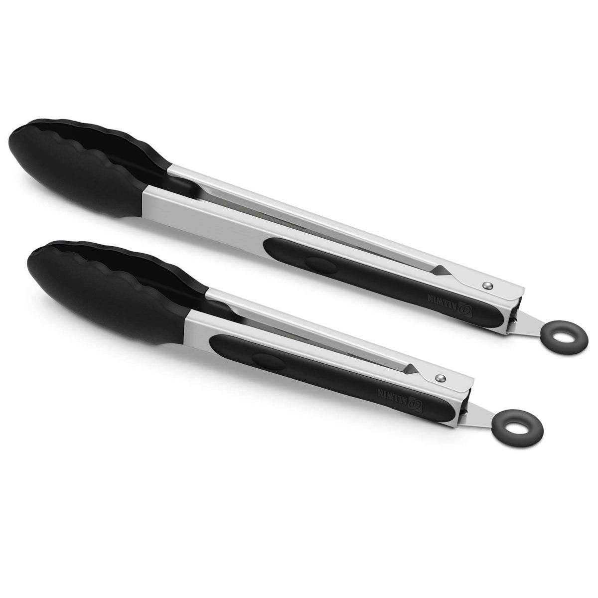 2 Pack Silicone Kitchen Tongs, 9 & 12 Inch, Stainless Steel, Black