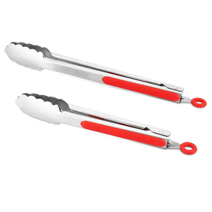 304 Stainless Steel Kitchen Cooking Tongs, 9" and 12" Set of 2 Sturdy Grilling Barbeque Brushed Locking Food Tongs with Ergonomic Grip, Black