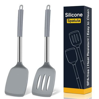 2 Pack Silicone Spatula Set, Solid & Slotted Turner for Non-Stick Pans