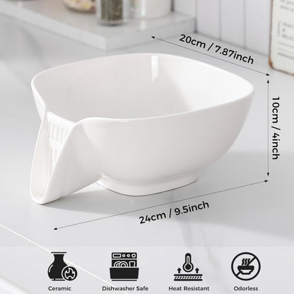 Dizada Ceramic Drain Basket 60 Oz - Porcelain Colander with Integrated Spout for Kitchen, Food Strainer for Vegetables, Fruit, Pasta, Heat-Resistant Dishwasher Safe