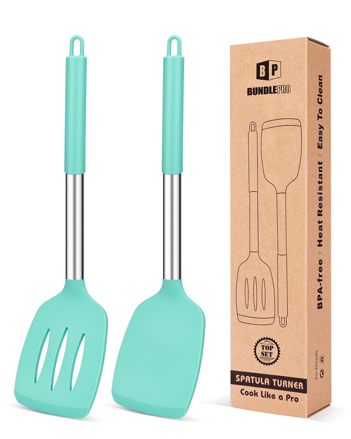 Pack of 2 Silicone Solid Turner, Non Stick Slotted Kitchen Spatulas, High Heat Resistant BPA Free Cooking Utensils, Ideal Cookware for Fish, Eggs, Pancakes(Stainless Steel Khaki)