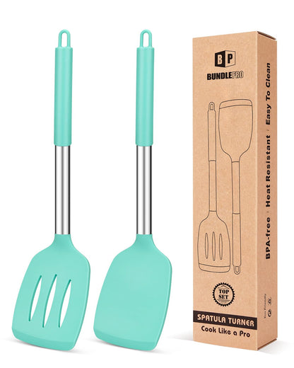 Pack of 2 Silicone Solid Turner, Non Stick Slotted Kitchen Spatulas, High Heat Resistant BPA Free Cooking Utensils, Ideal Cookware for Fish, Eggs, Pancakes(Stainless Steel Khaki)