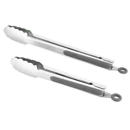 304 Stainless Steel Kitchen Cooking Tongs, 9" and 12" Set of 2 Sturdy Grilling Barbeque Brushed Locking Food Tongs with Ergonomic Grip, Black