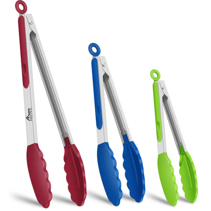 HOTEC Premium Stainless Steel Locking Kitchen Tongs with Silicon Tips, Set of 3-7", 9" and 12" (Gradient Blue)