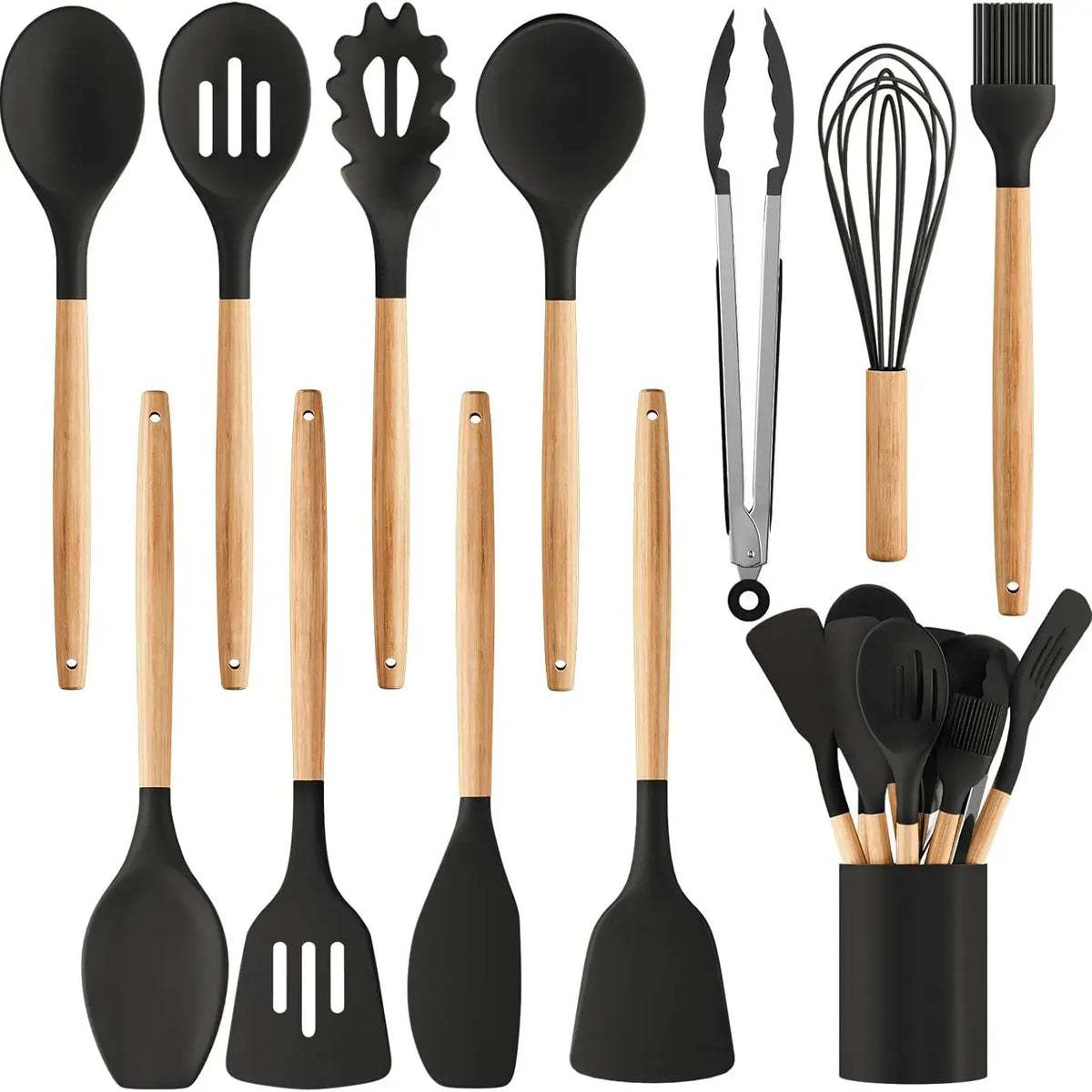12-piece/44-piece Non-Stick Food Grade Silicone Kitchen Utensil Set with Wood Handle Black, Flexible Head, Easy Hanging Hole, Safe, Easy to Clean, Hand Wash, Kitchen Gadgets for Mixing, Cooking, Ideal Gift