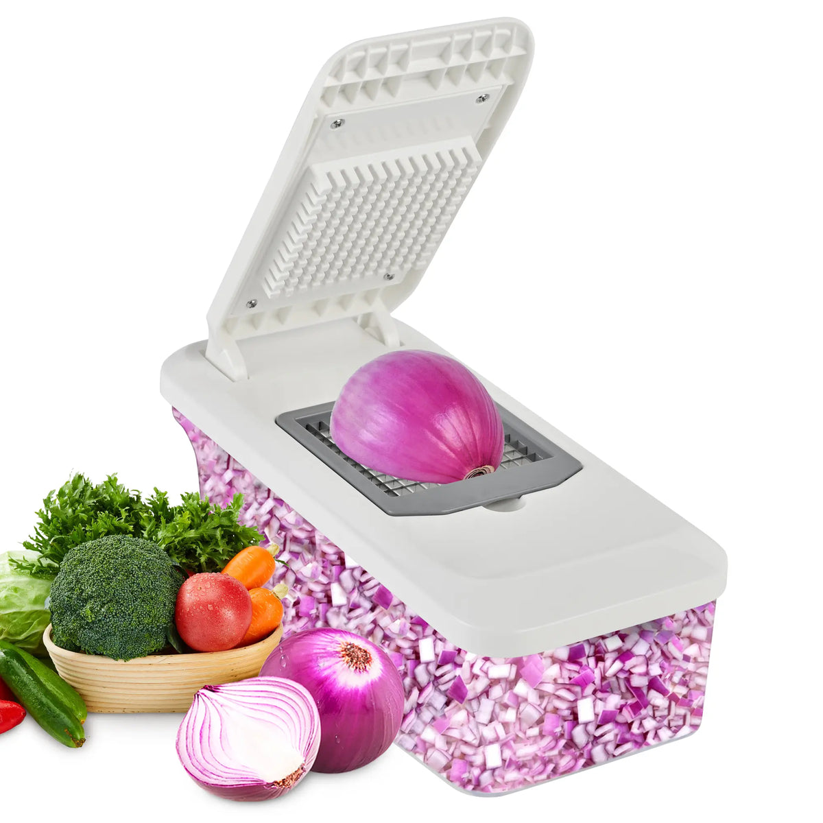SUSTEAS Durable 10-in-1 Rectangular ABS Plastic Fruit Vegetable Slicer - 6-Blade Pro Food Chopper, Mandoline, Onion Potato Dicer, Vegetable Grater, Kitchen Shredder, Lemon Squeezer, Egg White Separator (Grayish White),sohochic