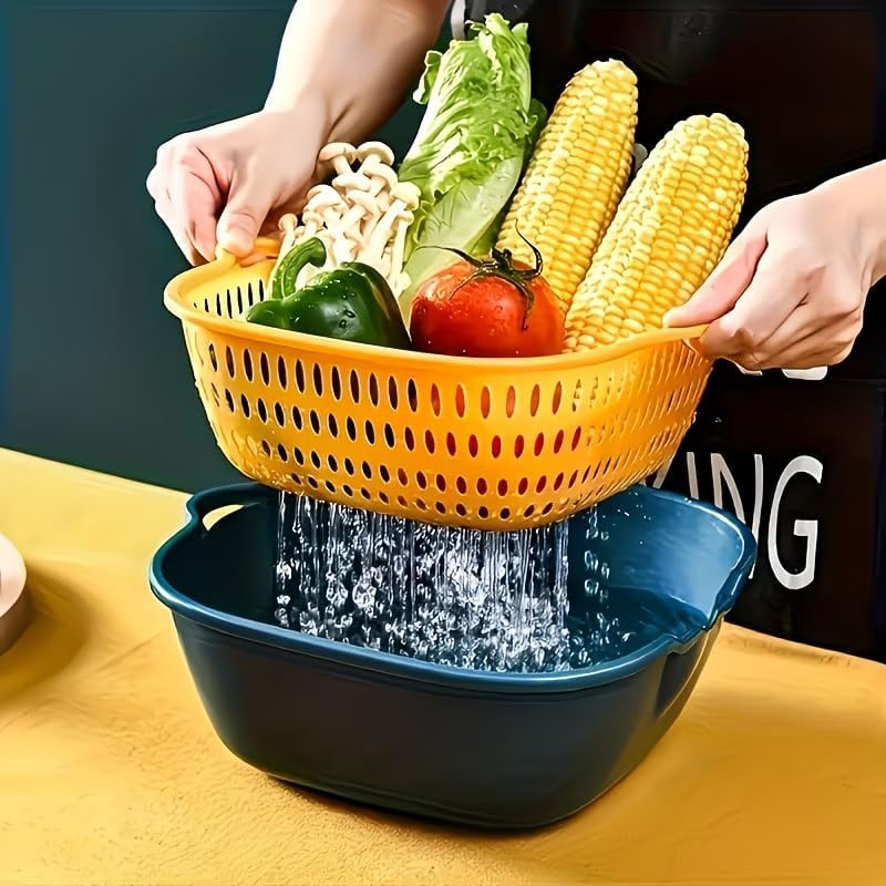 4 Pcs Plastic Colander Set – Dual Drain Basket, Washable Sieve, Fruit and Vegetable Washing Container, Kitchen Household Supplies
