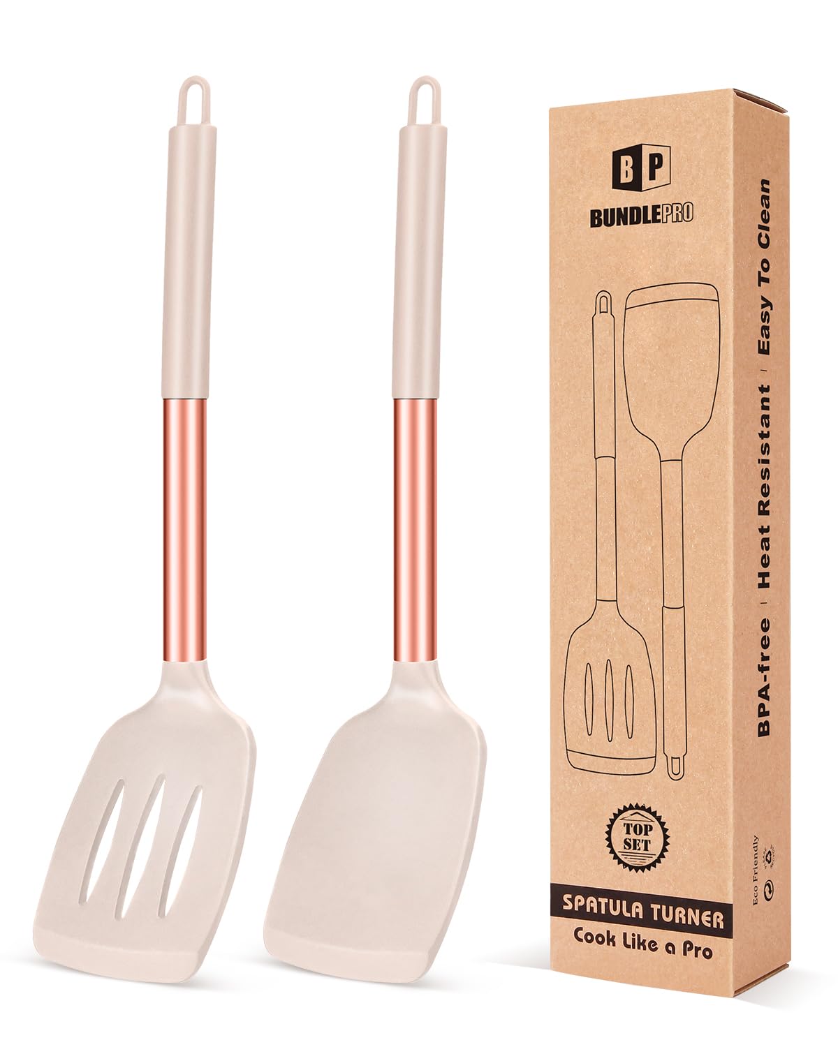 Pack of 2 Silicone Solid Turner, Non Stick Slotted Kitchen Spatulas, High Heat Resistant BPA Free Cooking Utensils, Ideal Cookware for Fish, Eggs, Pancakes(Stainless Steel Khaki)