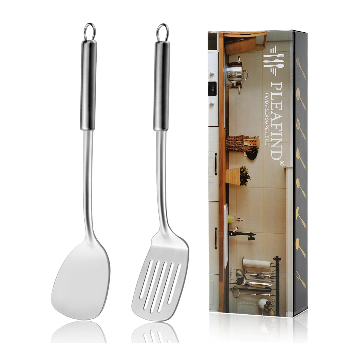 Pleafind Cooking Utensils Set - 4 Pcs Stainless Steel Kitchen Utensils Set with Solid Turner, Slotted Turner, Serving Ladle, Slotted Spoon, Wok Utensils Set with Heat Resistant Handle, Dishwasher Safe