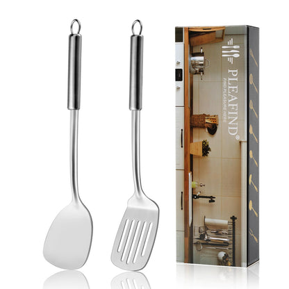Pleafind Cooking Utensils Set - 4 Pcs Stainless Steel Kitchen Utensils Set with Solid Turner, Slotted Turner, Serving Ladle, Slotted Spoon, Wok Utensils Set with Heat Resistant Handle, Dishwasher Safe