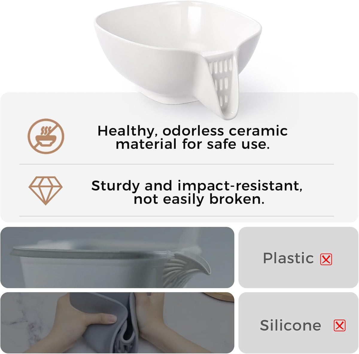Dizada Ceramic Drain Basket 60 Oz - Porcelain Colander with Integrated Spout for Kitchen, Food Strainer for Vegetables, Fruit, Pasta, Heat-Resistant Dishwasher Safe