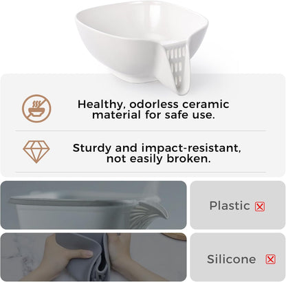 Dizada Ceramic Drain Basket 60 Oz - Porcelain Colander with Integrated Spout for Kitchen, Food Strainer for Vegetables, Fruit, Pasta, Heat-Resistant Dishwasher Safe