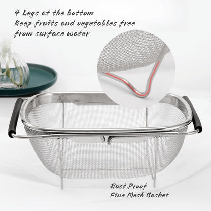 4qt Stainless Steel Oval Strainer Basket Colander, Over The Sink Fine Mesh Expandable, Colander For Kitchen Sink, Vegetables, Strain, Drain, Rinse Fruits (4 Quart Strainer Basket)