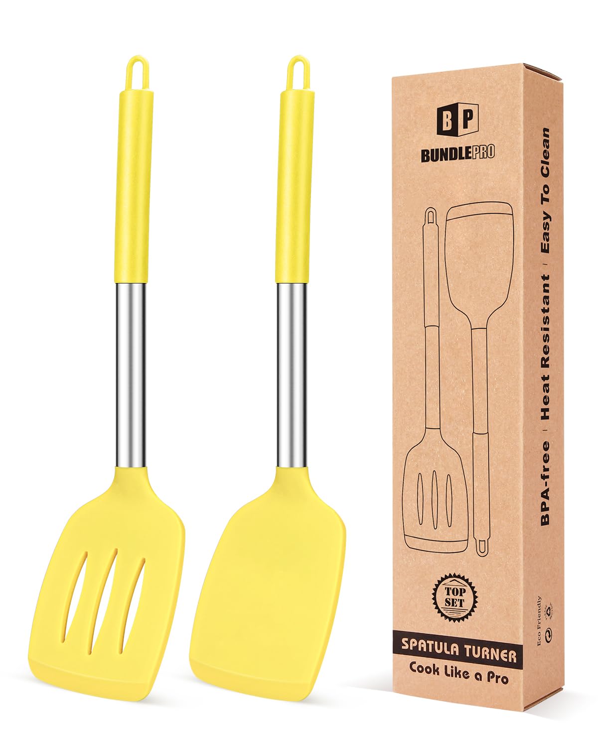 Pack of 2 Silicone Solid Turner, Non Stick Slotted Kitchen Spatulas, High Heat Resistant BPA Free Cooking Utensils, Ideal Cookware for Fish, Eggs, Pancakes(Stainless Steel Khaki)