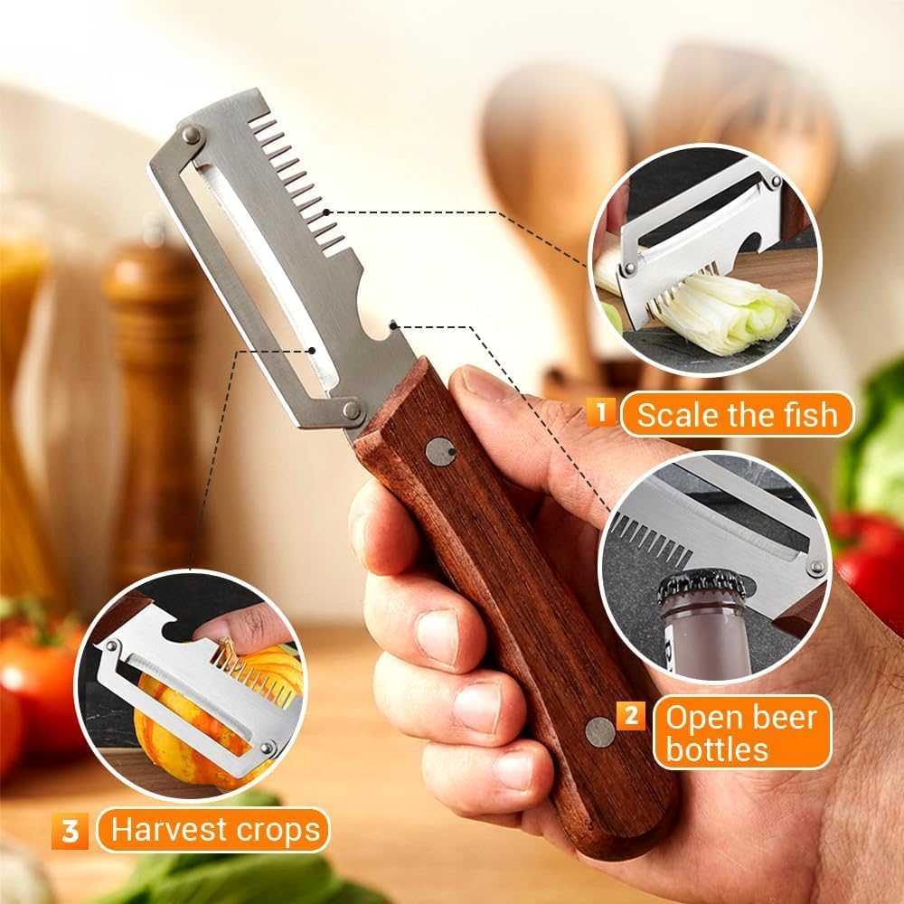 2026 Upgrade Vegetable Peeler With Wooden Handle, Stainless Steel Wide Blade Potato and Carrot Peeler, 3-in-1 Veggie Peeler With Scallion Shredder and Bottle Opener for Kitchen, Camping and Trave
