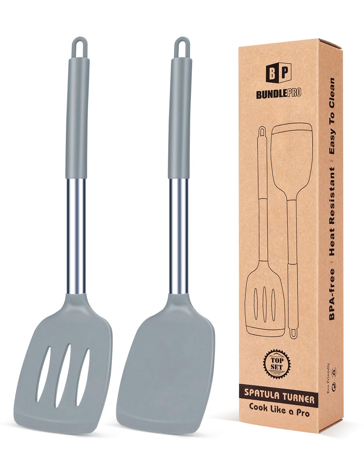 Pack of 2 Silicone Solid Turner, Non Stick Slotted Kitchen Spatulas, High Heat Resistant BPA Free Cooking Utensils, Ideal Cookware for Fish, Eggs, Pancakes(Stainless Steel Khaki)
