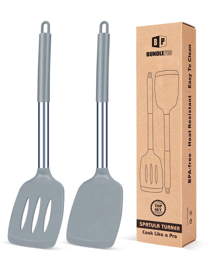 Pack of 2 Silicone Solid Turner, Non Stick Slotted Kitchen Spatulas, High Heat Resistant BPA Free Cooking Utensils, Ideal Cookware for Fish, Eggs, Pancakes(Stainless Steel Khaki)