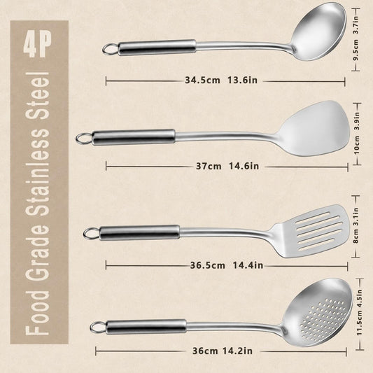 Pleafind Cooking Utensils Set - 4 Pcs Stainless Steel Kitchen Utensils Set with Solid Turner, Slotted Turner, Serving Ladle, Slotted Spoon, Wok Utensils Set with Heat Resistant Handle, Dishwasher Safe