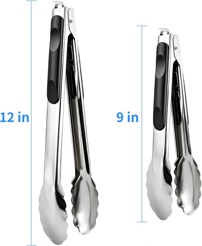 2 Pcs 9/12 Inch Kitchen Tongs for Cooking, BBQ & Salad