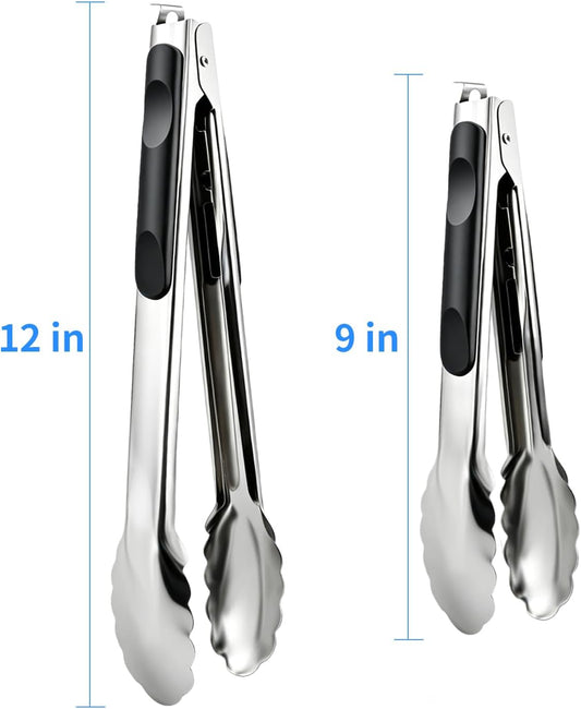 2 Pcs 9/12 Inch Kitchen Tongs for Cooking, BBQ & Salad