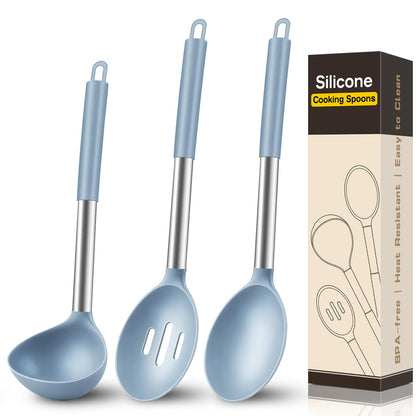 3 Pcs Silicone Cooking Spoon Set, Kitchen Utensils Include Solid & Slotted Spoon, Soup Ladle, Food-Grade Heat Resistant, Non-Scratch Spoons for Serving, Stirring, Draining, Dishwasher Safe, Black