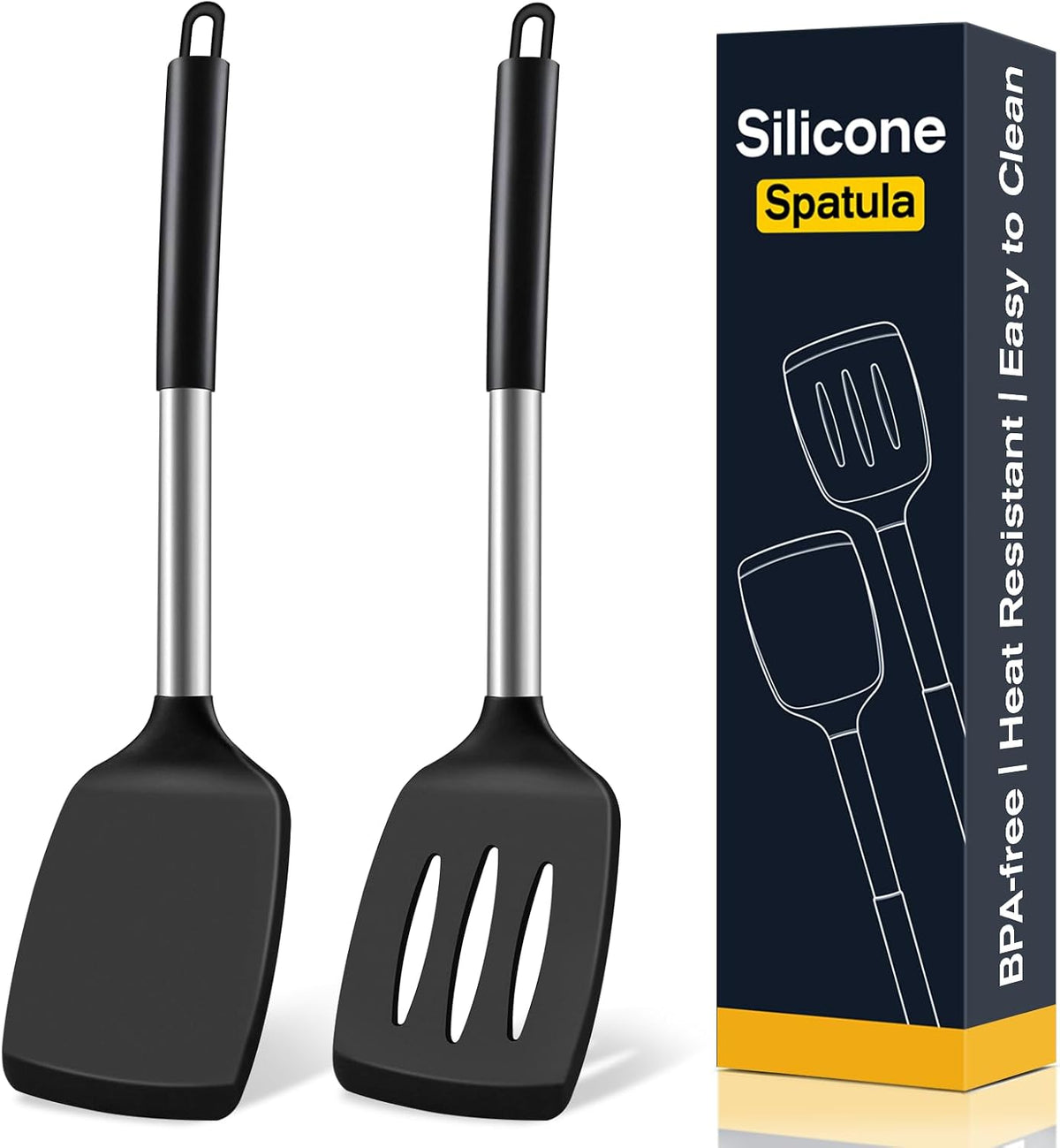 2 Pack Silicone Spatula Set, Solid & Slotted Turner for Non-Stick Pans