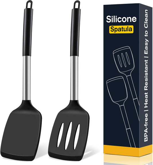 2 Pack Silicone Spatula Set, Solid & Slotted Turner for Non-Stick Pans