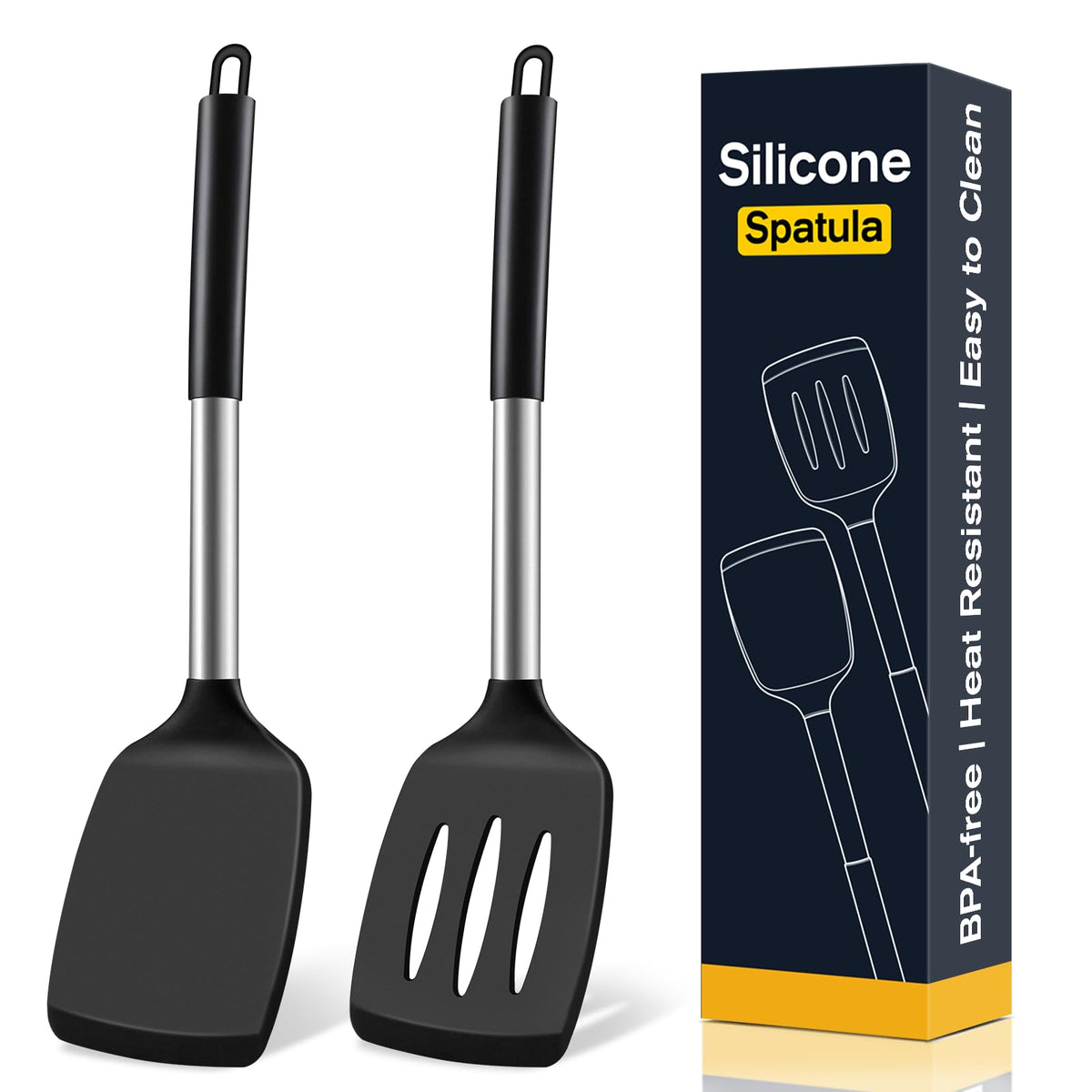2 Pack Silicone Spatula Set, Solid & Slotted Turner for Non-Stick Pans