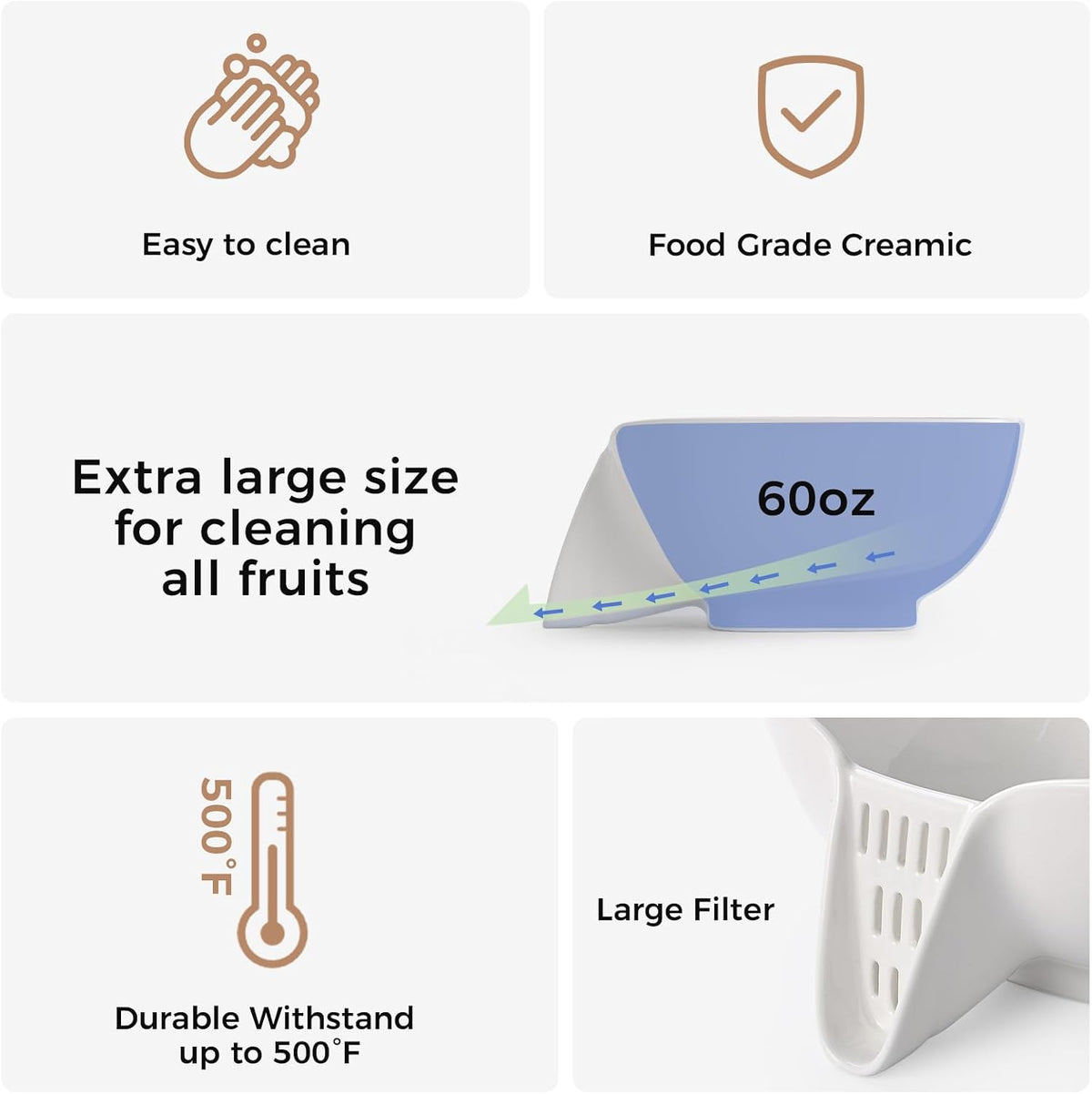 Dizada Ceramic Drain Basket 60 Oz - Porcelain Colander with Integrated Spout for Kitchen, Food Strainer for Vegetables, Fruit, Pasta, Heat-Resistant Dishwasher Safe