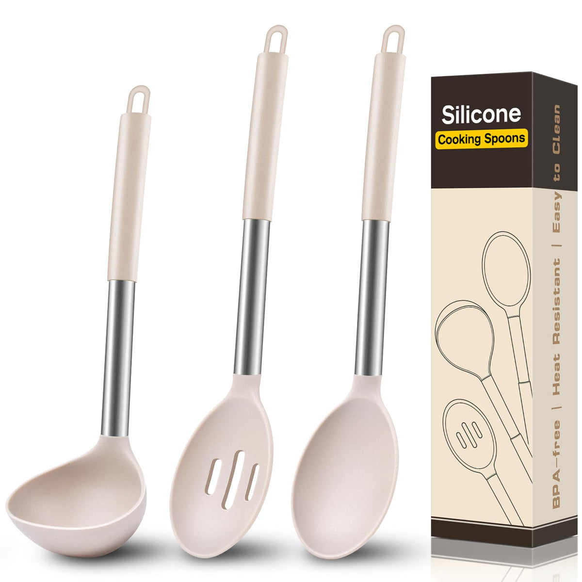 3 Pcs Silicone Cooking Spoon Set, Kitchen Utensils Include Solid & Slotted Spoon, Soup Ladle, Food-Grade Heat Resistant, Non-Scratch Spoons for Serving, Stirring, Draining, Dishwasher Safe, Black