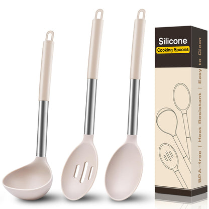 3 Pcs Silicone Cooking Spoon Set, Kitchen Utensils Include Solid & Slotted Spoon, Soup Ladle, Food-Grade Heat Resistant, Non-Scratch Spoons for Serving, Stirring, Draining, Dishwasher Safe, Black
