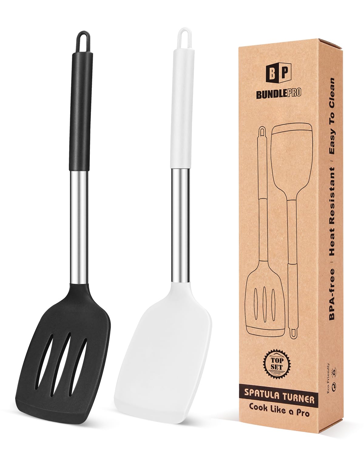 Pack of 2 Silicone Solid Turner, Non Stick Slotted Kitchen Spatulas, High Heat Resistant BPA Free Cooking Utensils, Ideal Cookware for Fish, Eggs, Pancakes(Stainless Steel Khaki)