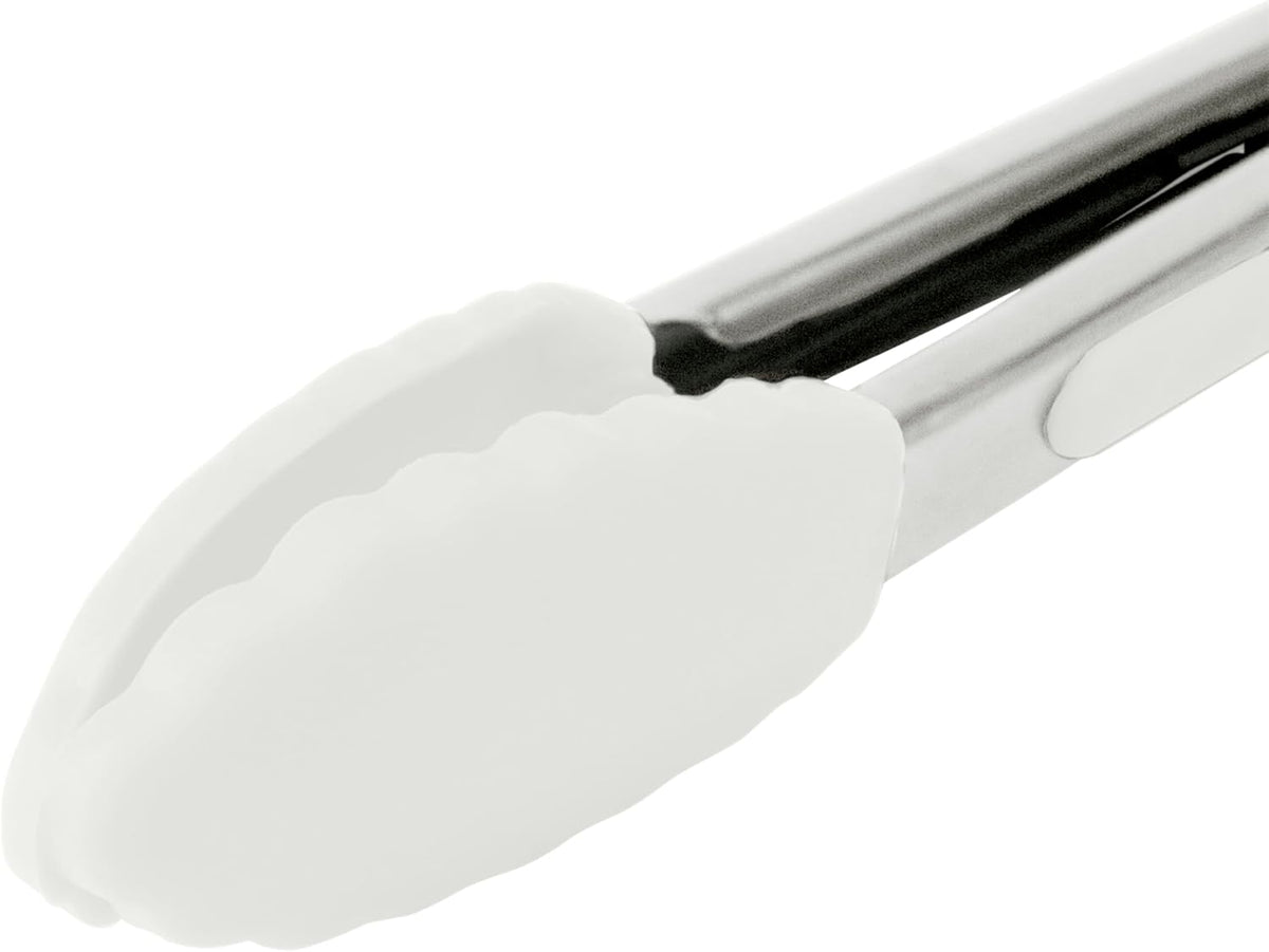 Tovolo Mini Turner Tongs Nonstick Flat Head Tong for Easily Flipping Cooking Serving, Heat Resistant Tongs BPA Free Dishwasher Safe Tongs Easy Lock Non Slip Grip Stainless Steel Handle, White