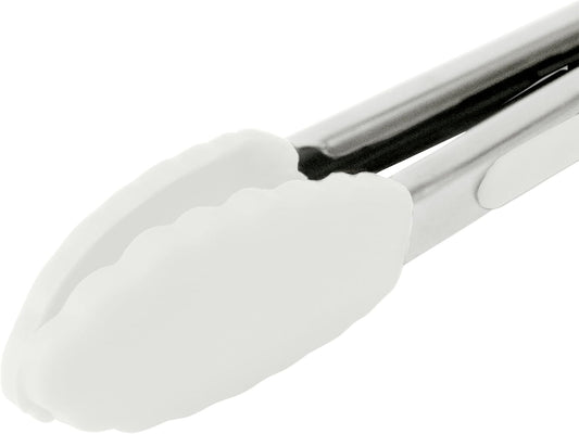 Tovolo Mini Turner Tongs Nonstick Flat Head Tong for Easily Flipping Cooking Serving, Heat Resistant Tongs BPA Free Dishwasher Safe Tongs Easy Lock Non Slip Grip Stainless Steel Handle, White