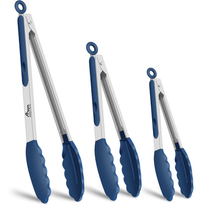 HOTEC Premium Stainless Steel Locking Kitchen Tongs with Silicon Tips, Set of 3-7", 9" and 12" (Gradient Blue)