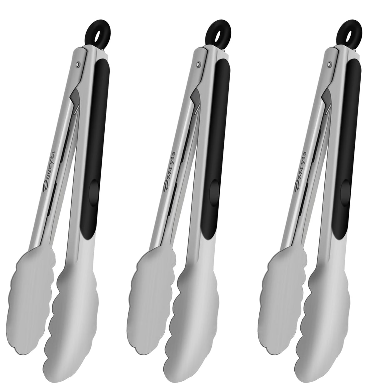 Stainless Steel Cooking Tongs Set of 3 - Heavy Duty 12/9/7 Inch Locking Tongs, Heat Resistant to 600 Degrees, Food Grade Kitchen Metal Tong for Food, Salad, & BBQ - Dishwasher Safe