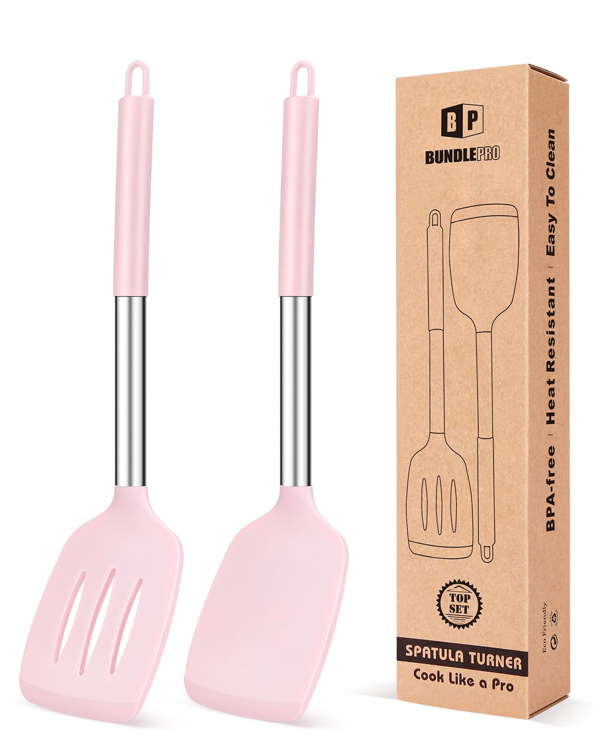 Pack of 2 Silicone Solid Turner, Non Stick Slotted Kitchen Spatulas, High Heat Resistant BPA Free Cooking Utensils, Ideal Cookware for Fish, Eggs, Pancakes(Stainless Steel Khaki)