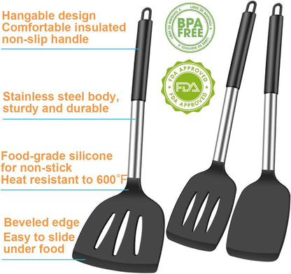 KLAQQED 3Pcs Silicone Spatula Set Heat Resistant Spatulas for Nonstick Cookware Fish Turner Plastic Spatulas Rubber Wok Spatula, Long Large Spatula Silicone Cooking Use Kitchen Utensils Set