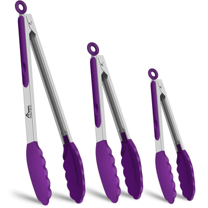HOTEC Premium Stainless Steel Locking Kitchen Tongs with Silicon Tips, Set of 3-7", 9" and 12" (Gradient Blue)