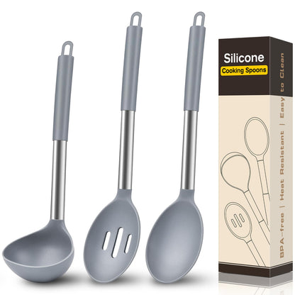 3 Pcs Silicone Cooking Spoon Set, Kitchen Utensils Include Solid & Slotted Spoon, Soup Ladle, Food-Grade Heat Resistant, Non-Scratch Spoons for Serving, Stirring, Draining, Dishwasher Safe, Black