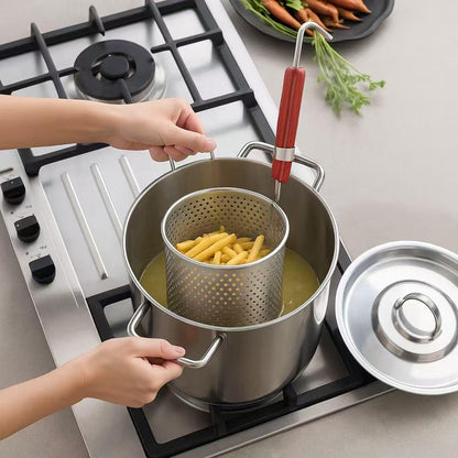 3PCs Mesh Pasta Basket Food Strainer Insert For Pot, Colander with Round Wooden Handle Stainless Steel Mesh Spider Strainer for Pasta Noodles Dumpling Vegetable