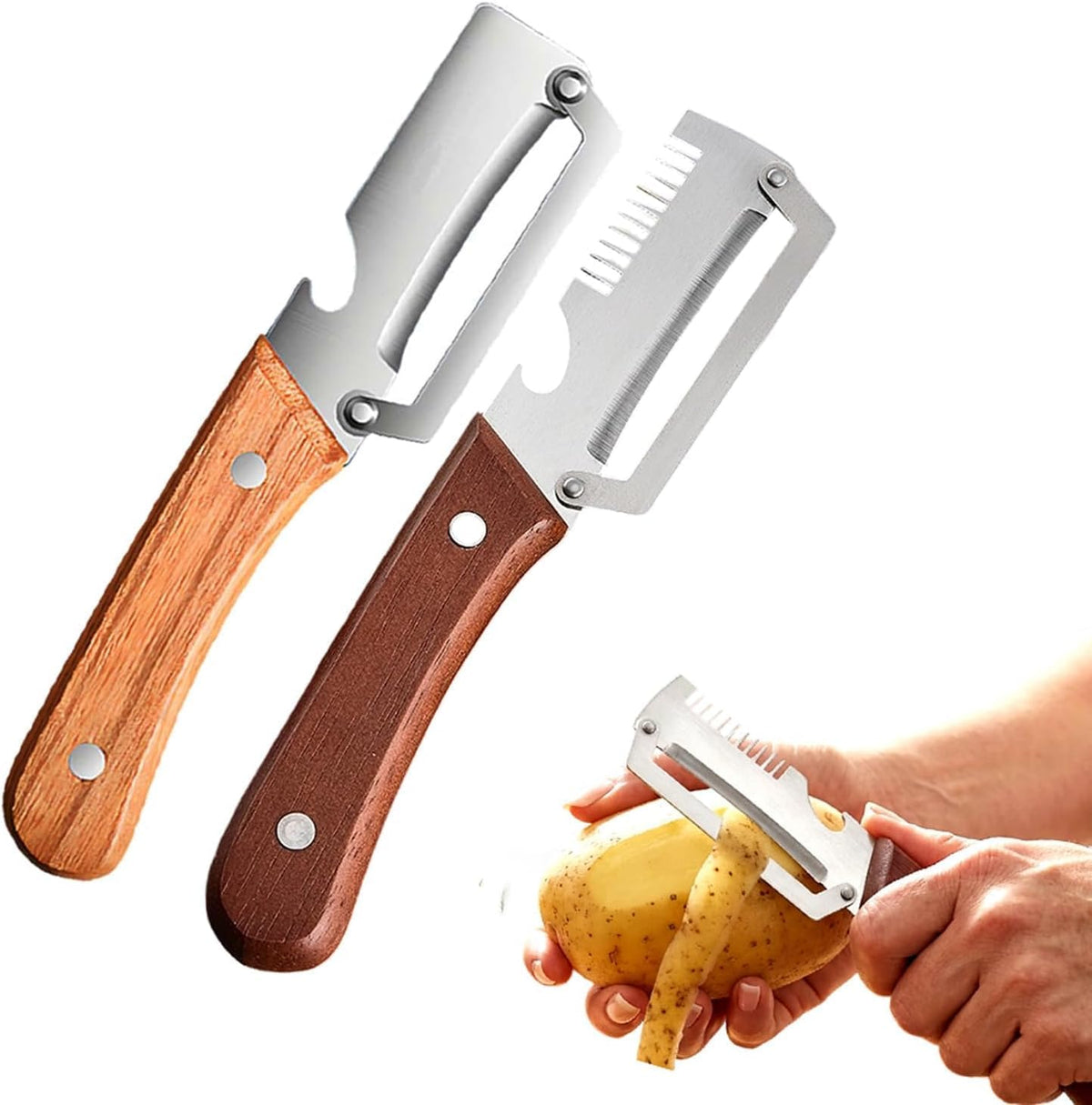 2026 Upgrade Vegetable Peeler With Wooden Handle, Stainless Steel Wide Blade Potato and Carrot Peeler, 3-in-1 Veggie Peeler With Scallion Shredder and Bottle Opener for Kitchen, Camping and Trave