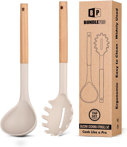 BUNDLEPRO Silicone Soup Ladle and Pasta Spoon Set with Wooden Handle