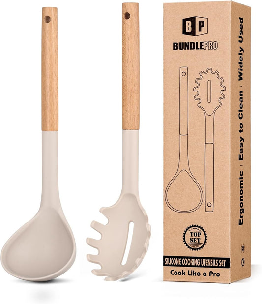 BUNDLEPRO Silicone Soup Ladle and Pasta Spoon Set with Wooden Handle