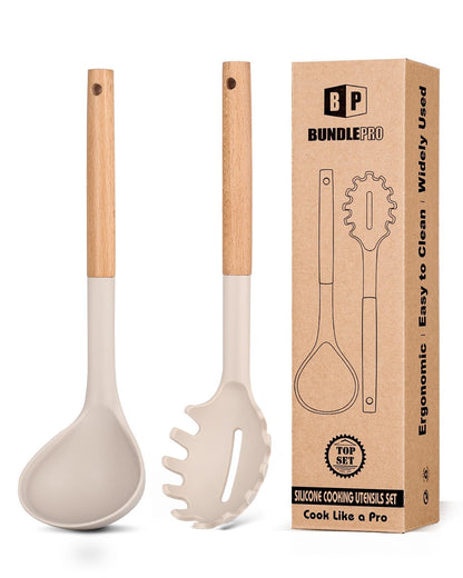 BUNDLEPRO Silicone Soup Ladle and Pasta Spoon Set with Wooden Handle