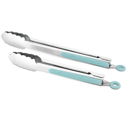 304 Stainless Steel Kitchen Cooking Tongs, 9" and 12" Set of 2 Sturdy Grilling Barbeque Brushed Locking Food Tongs with Ergonomic Grip, Black