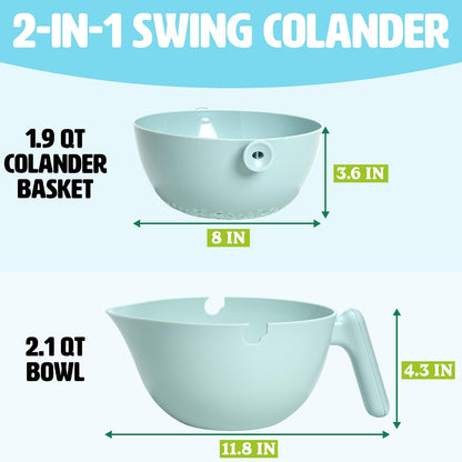 Tasty 2-in-1 Swing Bowl Colander, Built-In Strainer Basket with Handle, Kitchen Hack for Rinsing and Draining for Fruits, Vegetables, and Pasta, 2.1-Quart Bowl + 1.9-Quart Strainer, Aqua