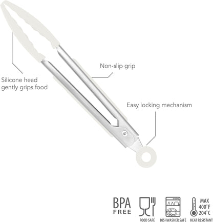 Tovolo Mini Turner Tongs Nonstick Flat Head Tong for Easily Flipping Cooking Serving, Heat Resistant Tongs BPA Free Dishwasher Safe Tongs Easy Lock Non Slip Grip Stainless Steel Handle, White