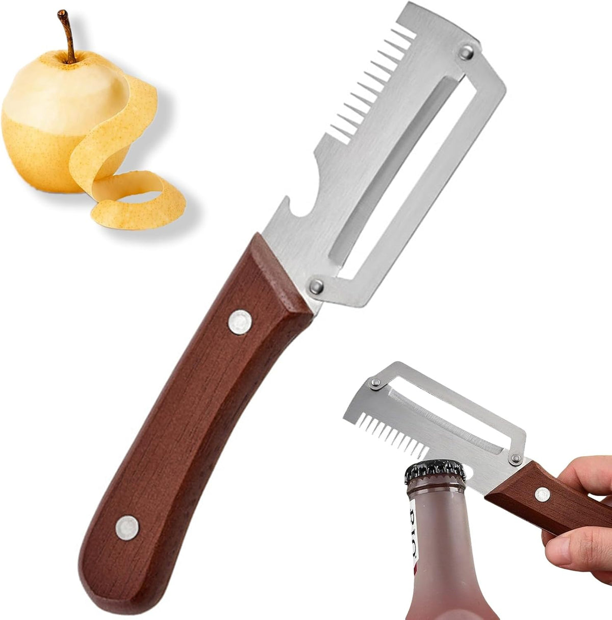 Hendiy 3-in-1 Vegetable Peeler, Wood Handle Stainless Steel Wide Blade Peeler with Scallion Shredder & Bottle Opener, Ultra-Sharp Multi-Function Veggie Peeler for Kitchen, Camping & Travel (1 Pack)
