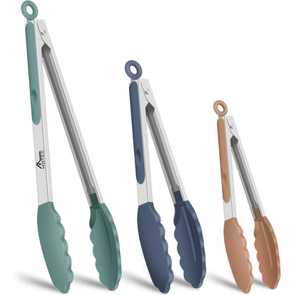 HOTEC Premium Stainless Steel Locking Kitchen Tongs with Silicon Tips, Set of 3-7", 9" and 12" (Gradient Blue)